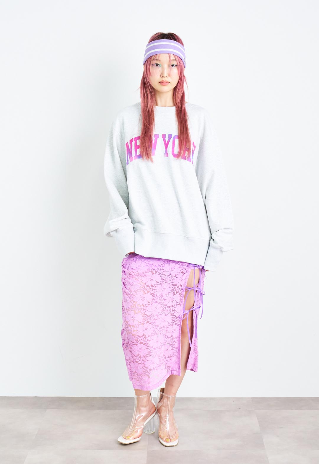 Ribbon slit stretch lace skirt