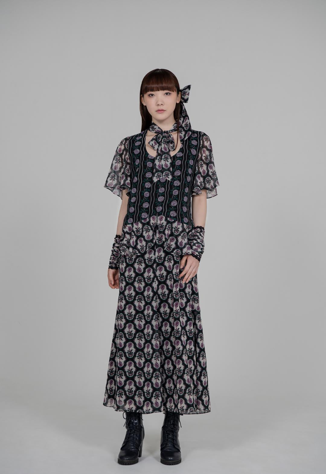 玫瑰花雪纺拼接连衣裙