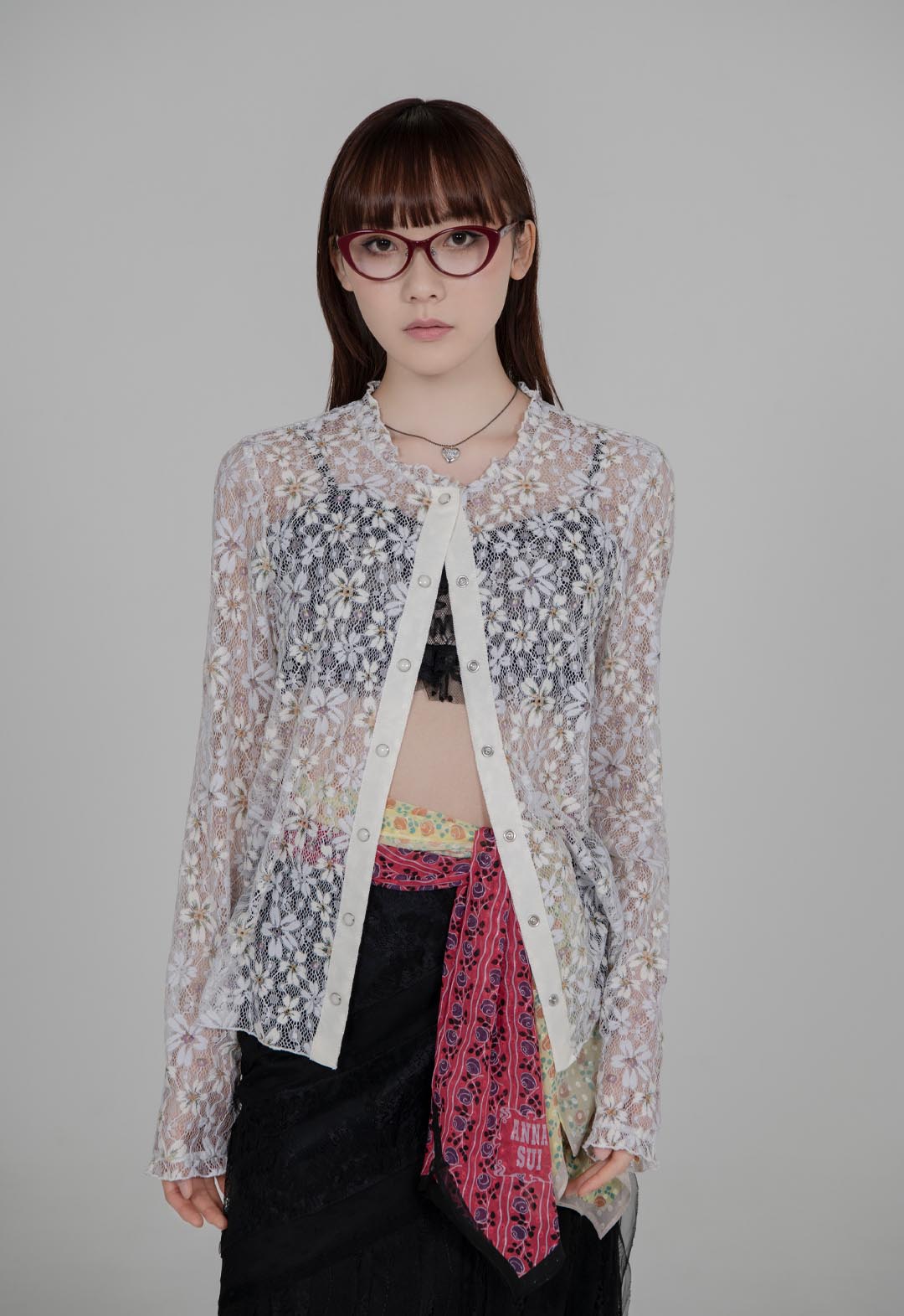 三色紫罗兰弹力蕾丝长袖开衫