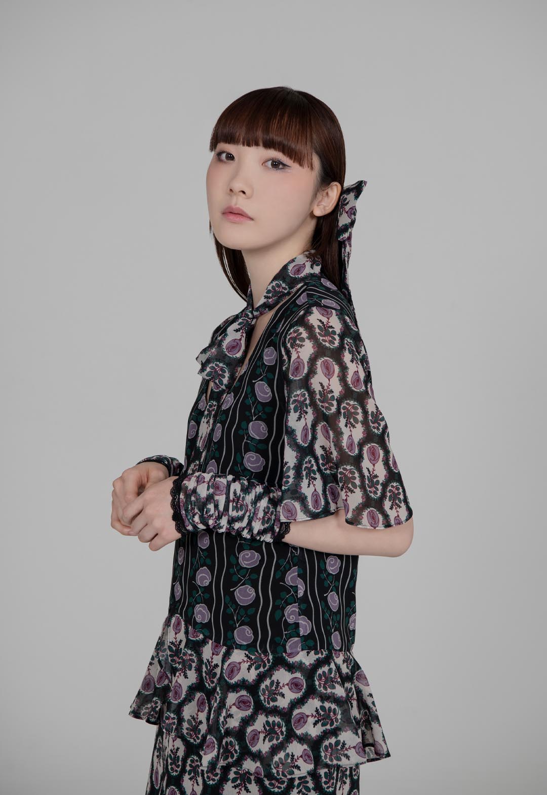 玫瑰花雪纺拼接连衣裙