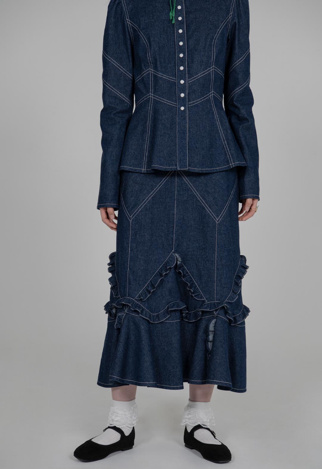 DENIM RUFFLE MAXI SKIRT