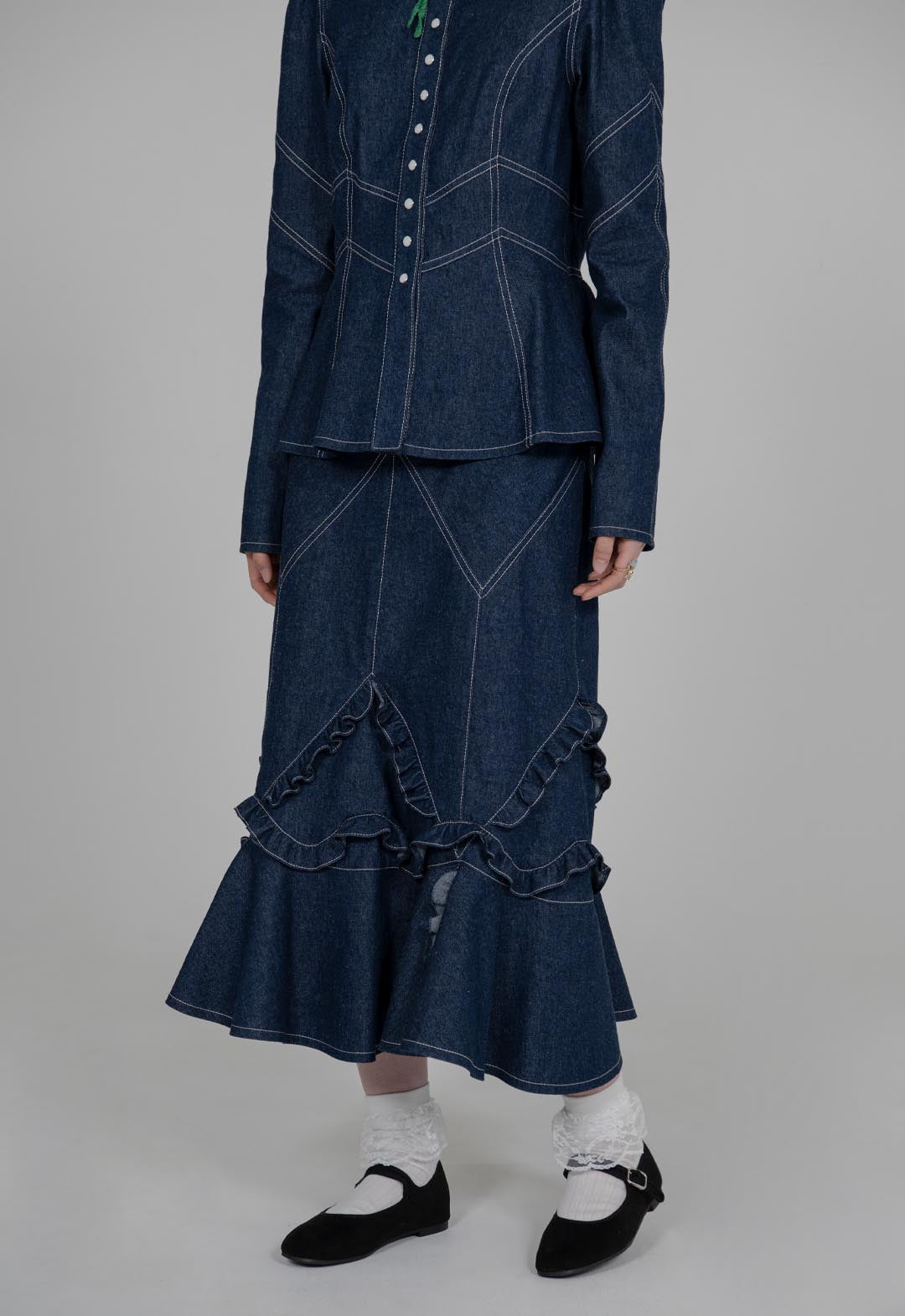 DENIM RUFFLE MAXI SKIRT