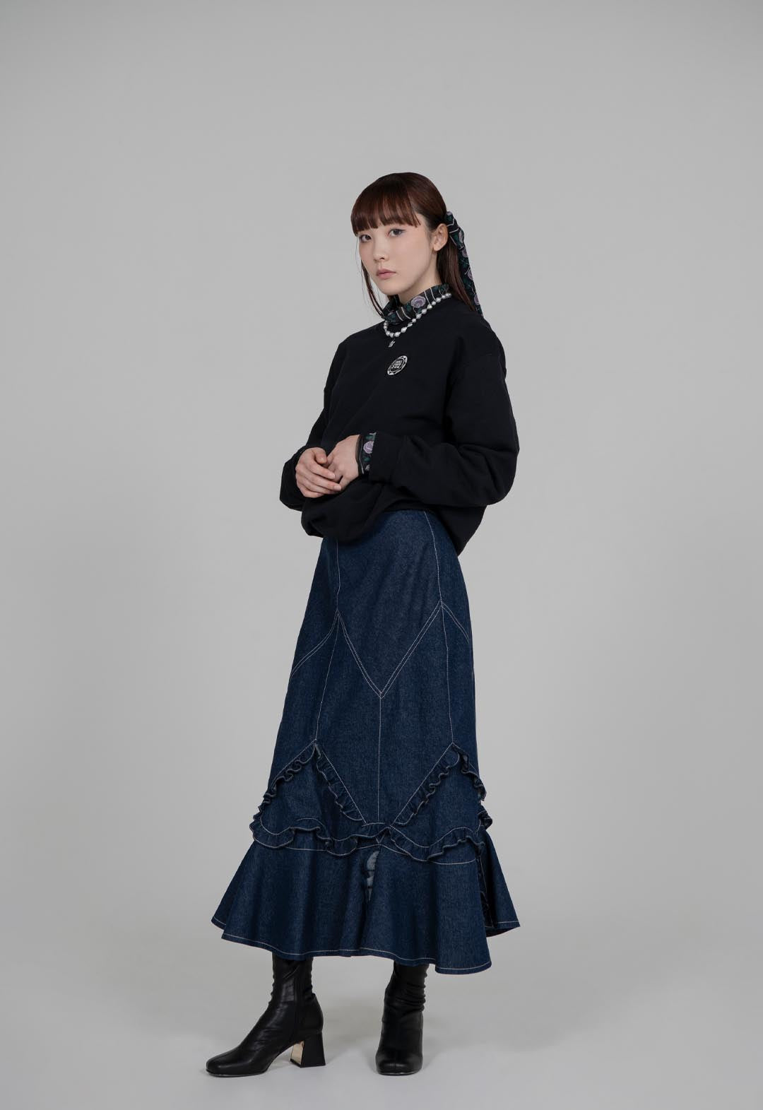 DENIM RUFFLE MAXI SKIRT