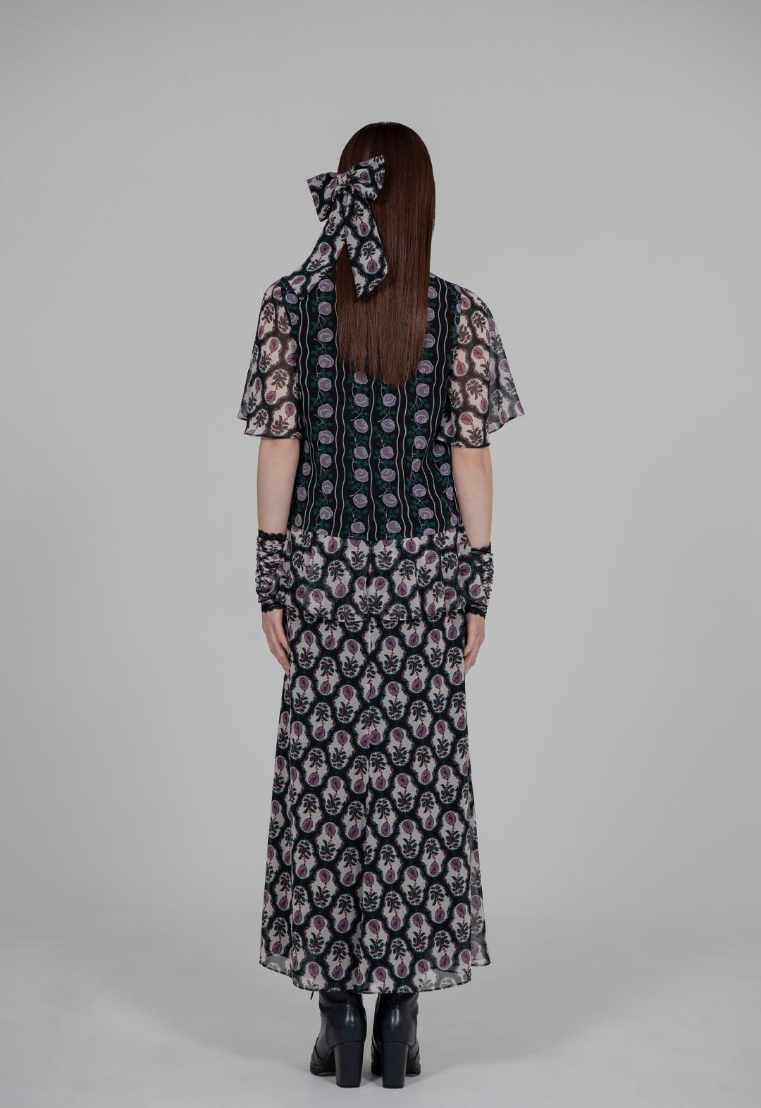 玫瑰花雪纺拼接连衣裙