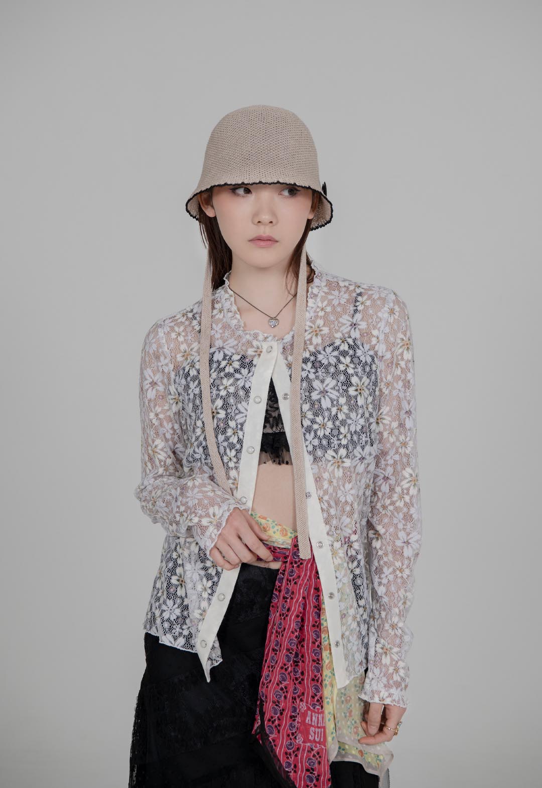 三色紫罗兰弹力蕾丝长袖开衫