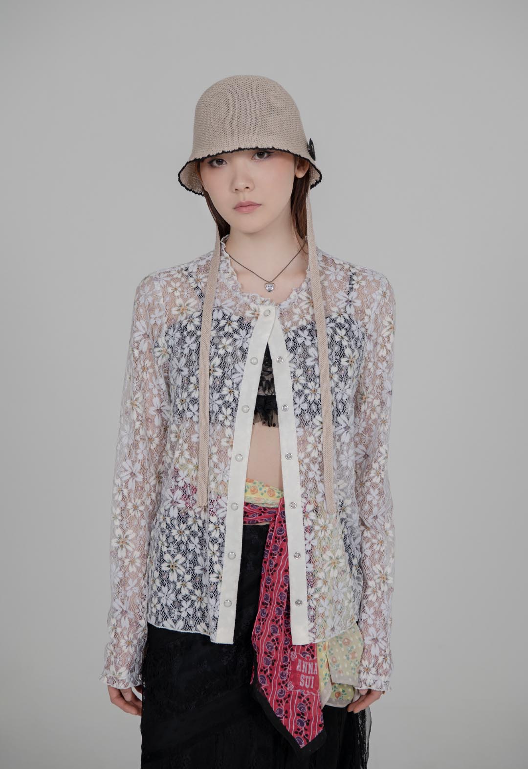 三色紫罗兰弹力蕾丝长袖开衫