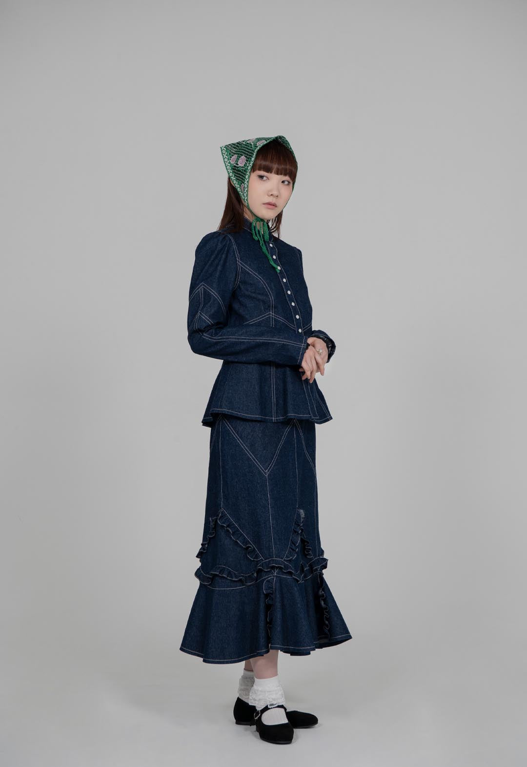 DENIM RUFFLE MAXI SKIRT