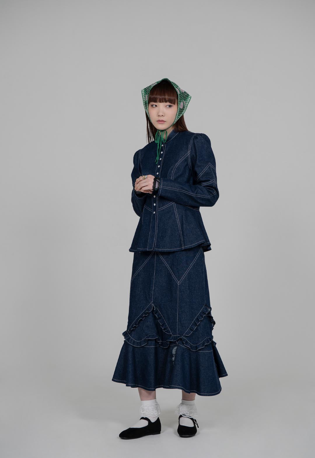 DENIM RUFFLE MAXI SKIRT