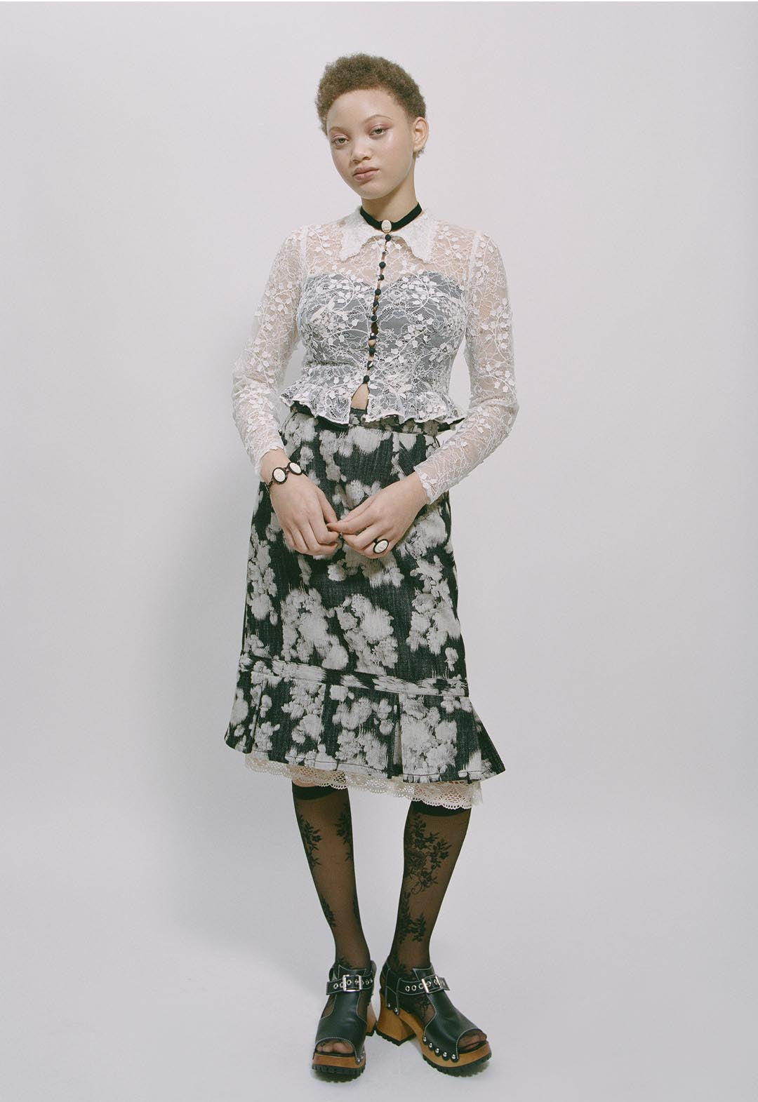 玫瑰幻彩牛仔蕾絲邊半身裙