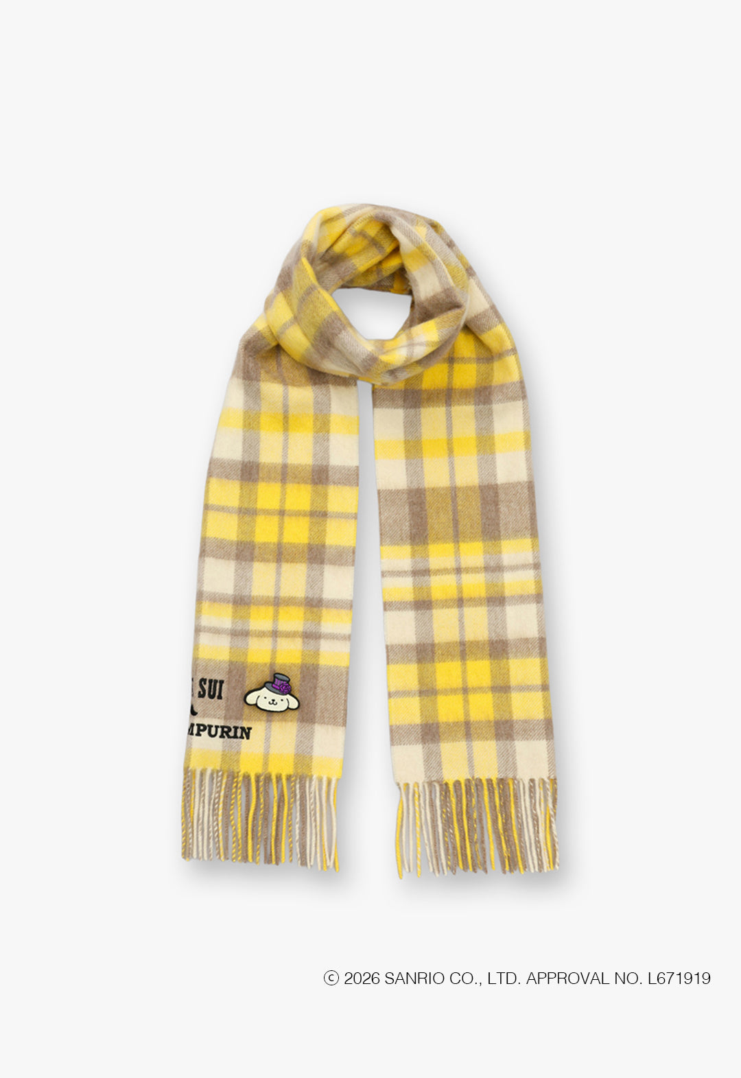 ANNA SUI x Pom Pom Purin Check scarf with embroidered brooch