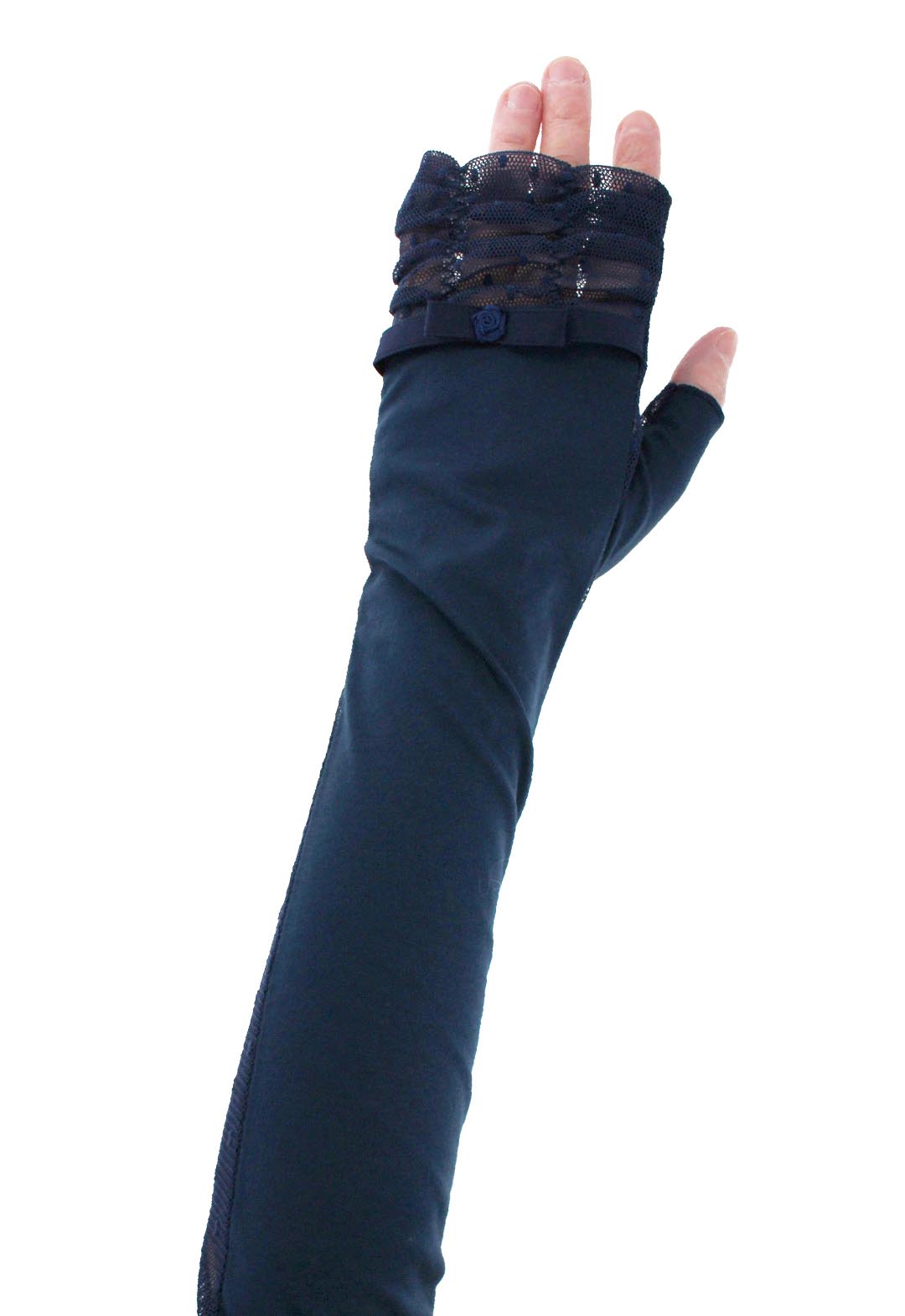 UV-cut gloves, long length, tulle ribbon, fingerless.