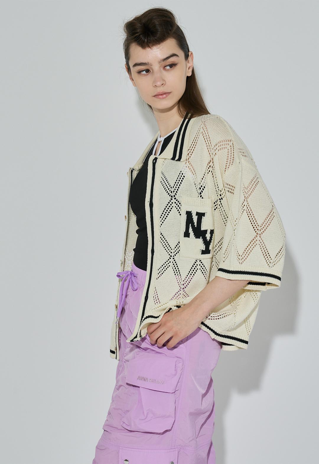 Crochet-like sheer knit polo
