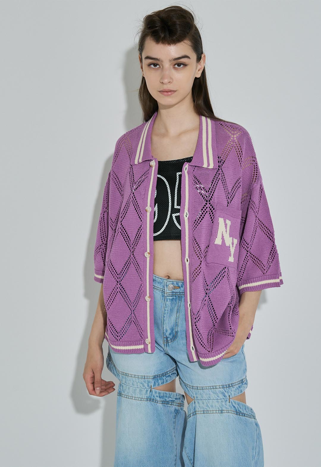 Crochet-like sheer knit polo