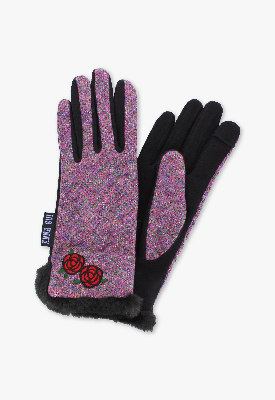 カラーツイード バラ刺繍 スマホ対応手袋