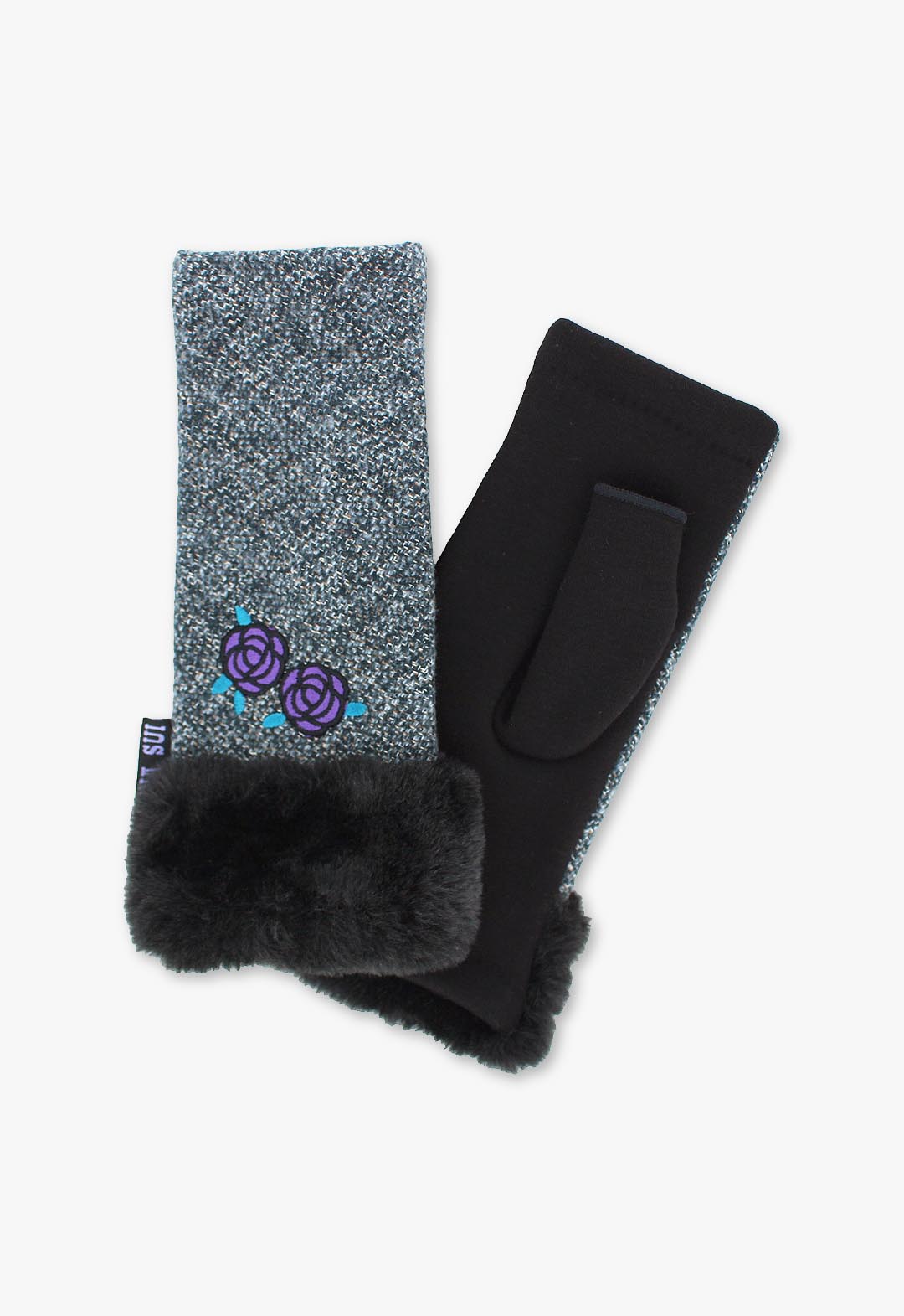 Colored tweed fingerless gloves with rose embroidery and fur trim.