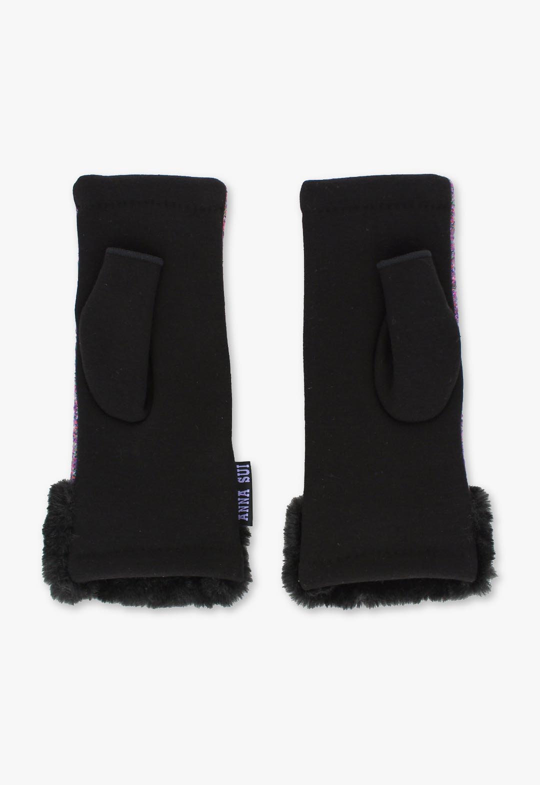 Colored tweed fingerless gloves with rose embroidery and fur trim.