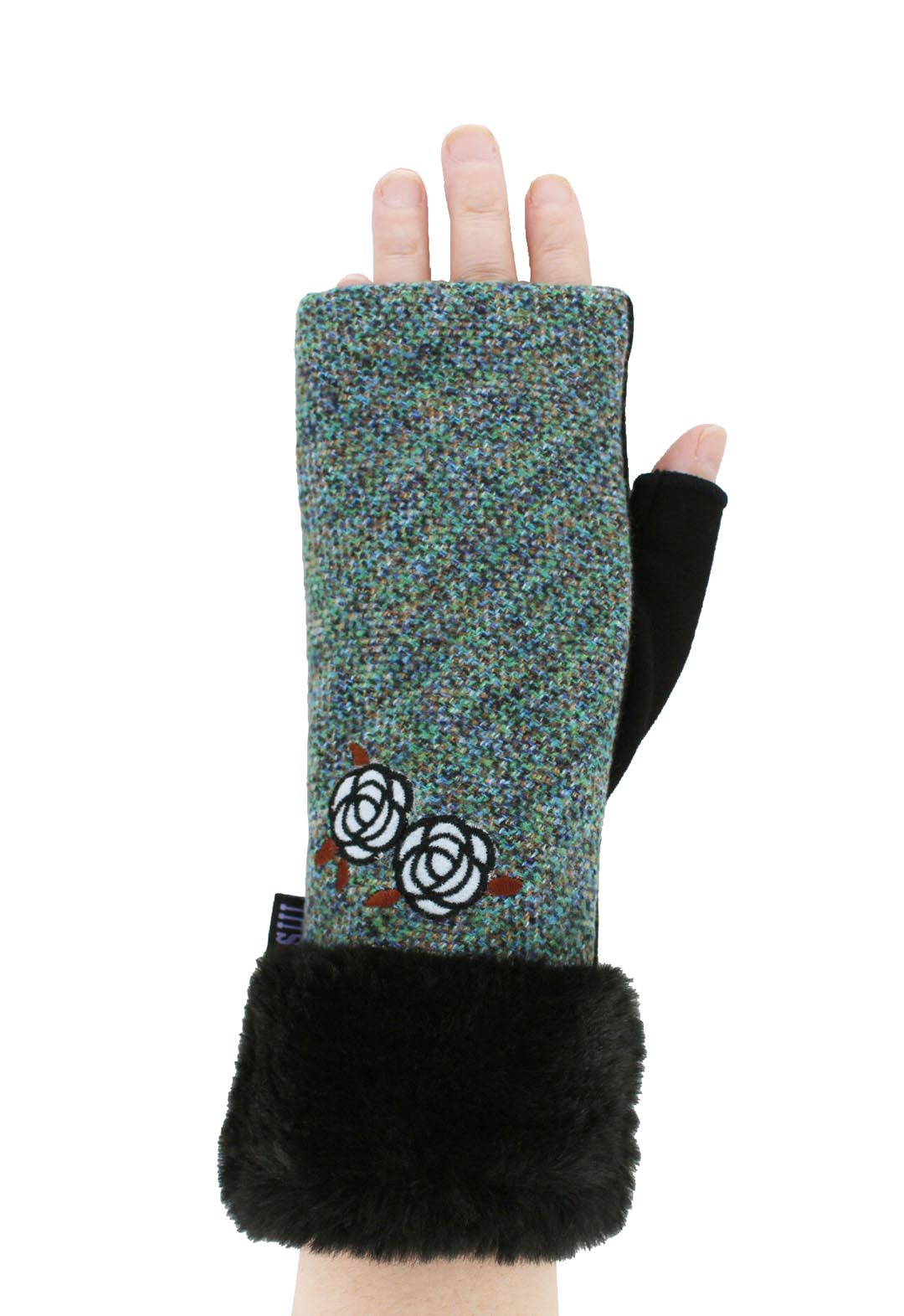 Colored tweed fingerless gloves with rose embroidery and fur trim.