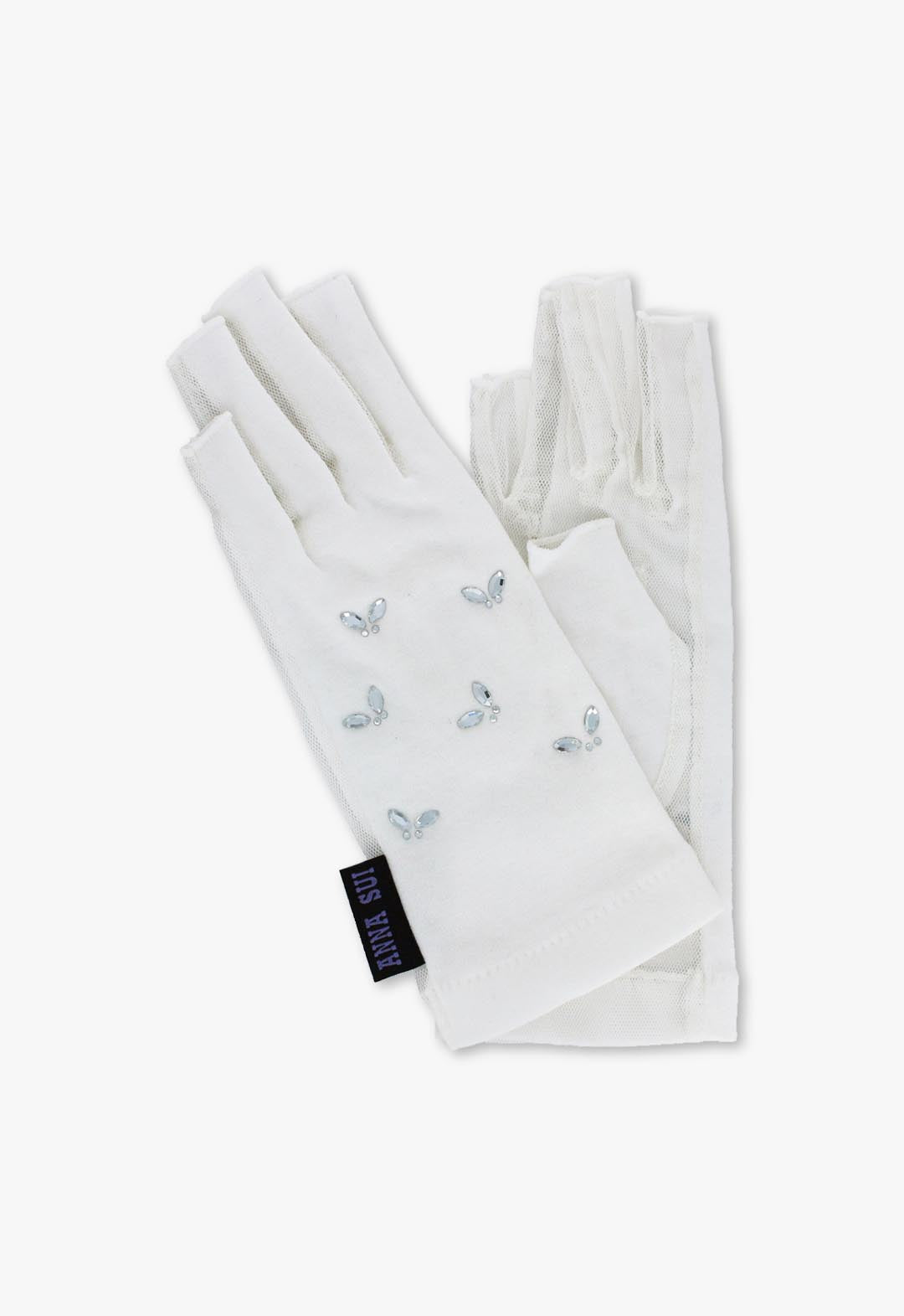 UV Protection Short Gloves with Butterfly Rhinestones and Fingerless Design