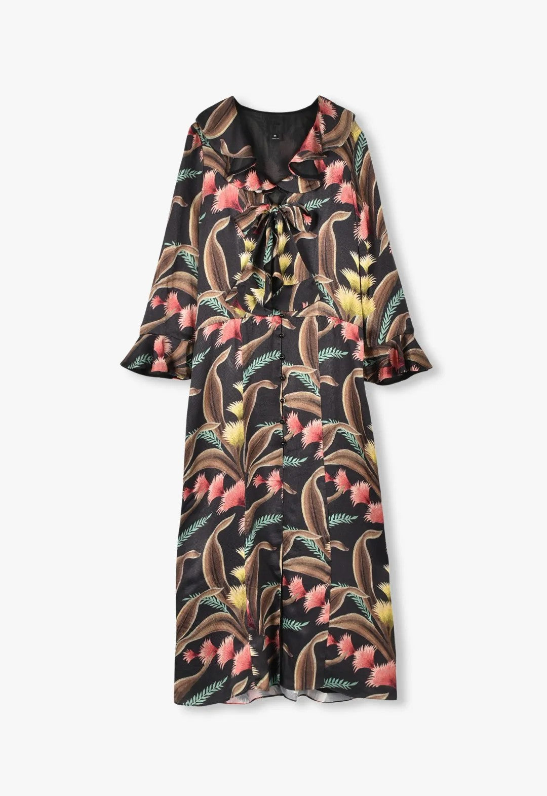 FEATHER FERN CRINKLE RAYON RUFFLE TIE DRESS