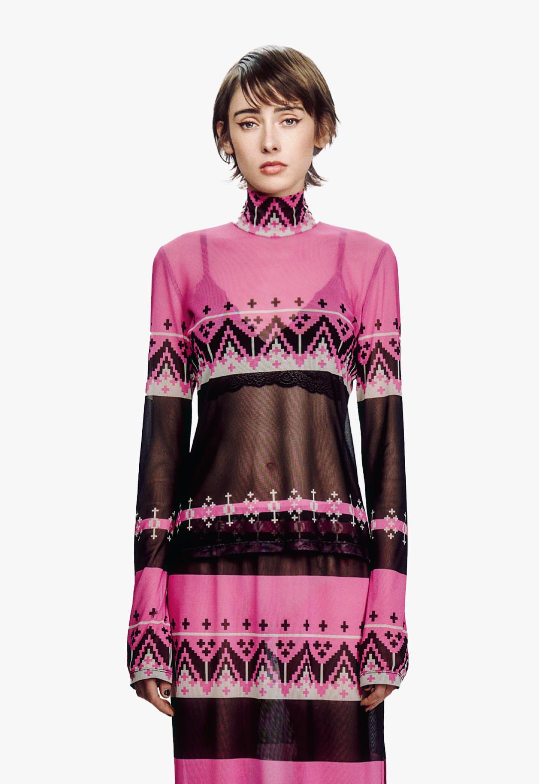 FAIR ISLE MESH TURTLENECK TOP