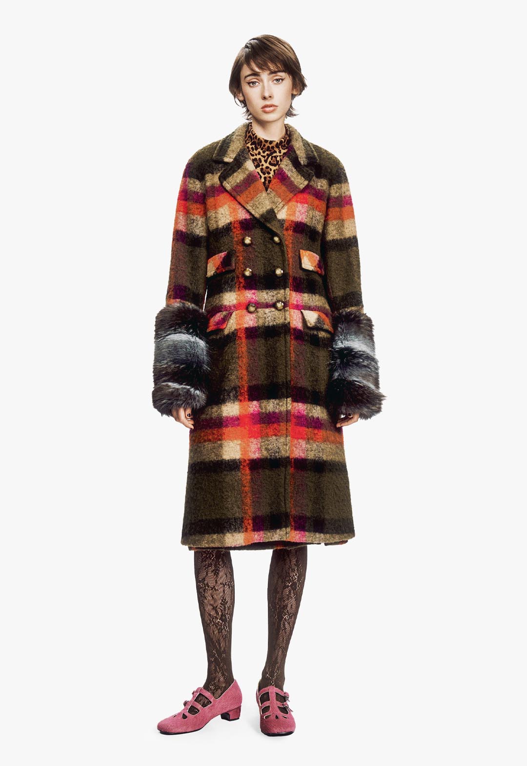 BRUSHED WOOL PLAID & CHARCOAL FAUX FUR COAT