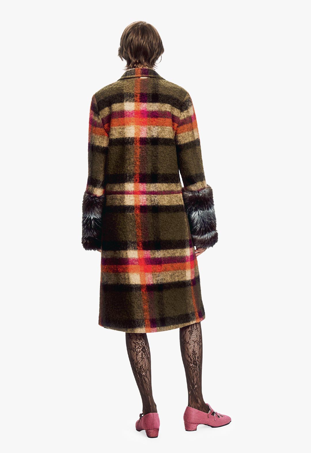 BRUSHED WOOL PLAID & CHARCOAL FAUX FUR COAT