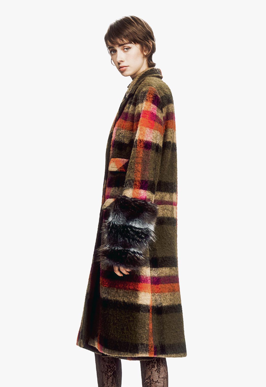 BRUSHED WOOL PLAID & CHARCOAL FAUX FUR COAT