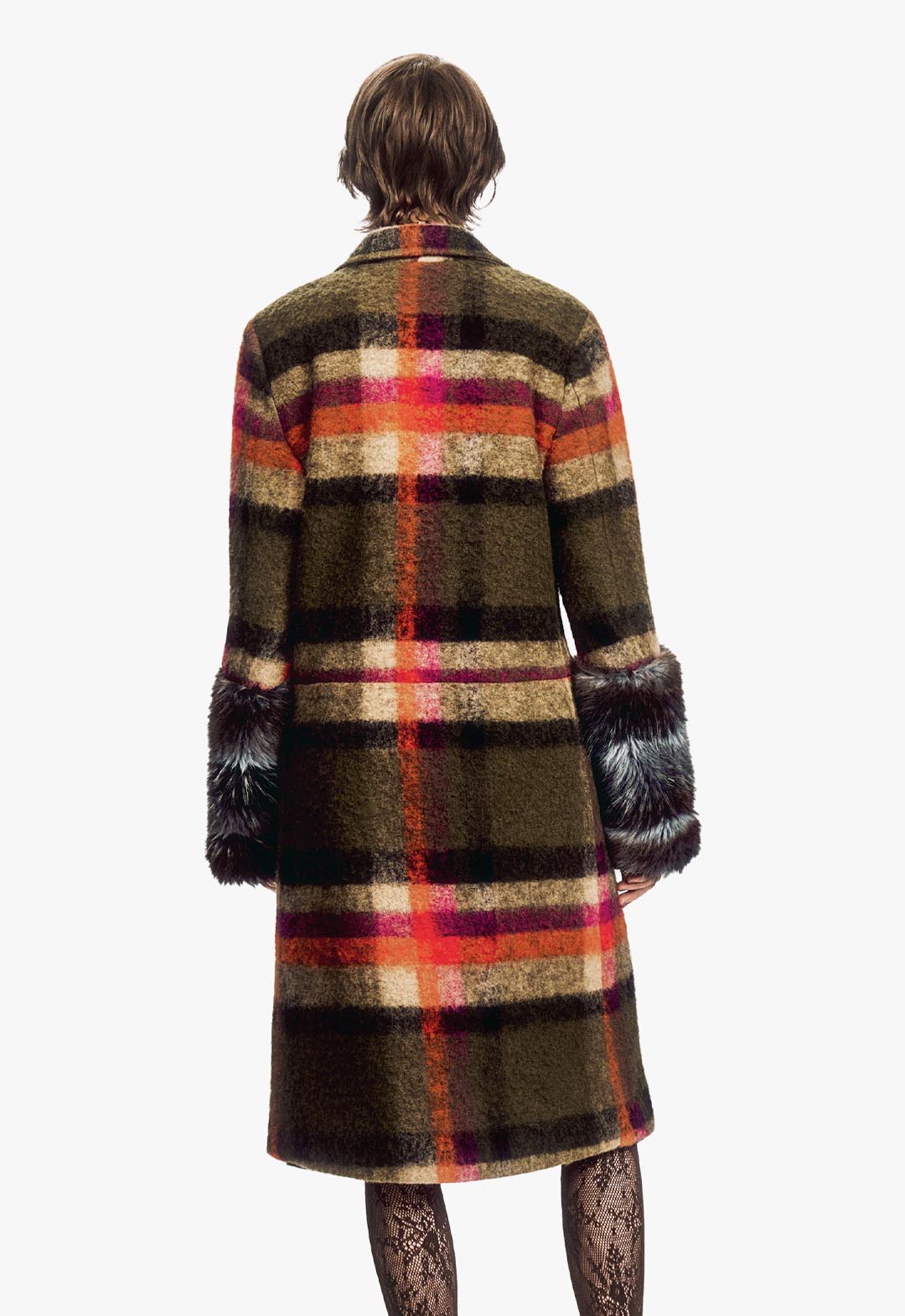 BRUSHED WOOL PLAID & CHARCOAL FAUX FUR COAT