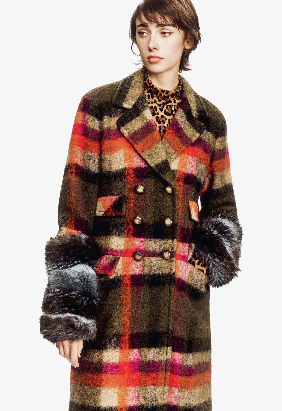 BRUSHED WOOL PLAID & CHARCOAL FAUX FUR COAT