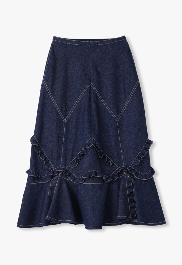 DENIM RUFFLE MAXI SKIRT