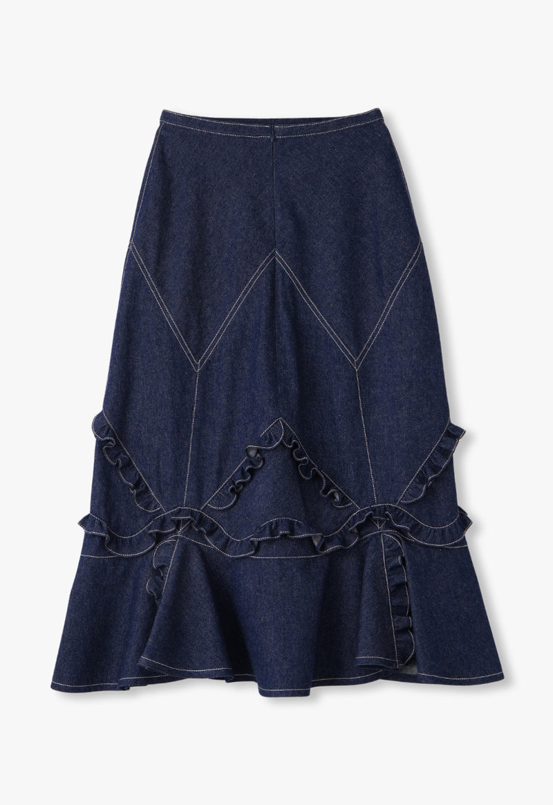 DENIM RUFFLE MAXI SKIRT