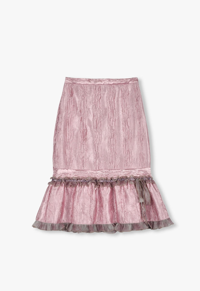 CRUSHED SATIN RUFFLE MIDI SKIRT