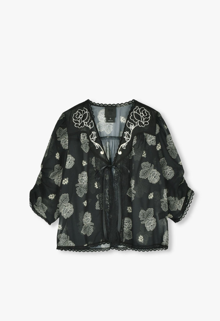 LILY OF THE VALLEY & SKETCHED ROSES CHIFFON COMBO ROSE EMBROIDERED BED JACKET