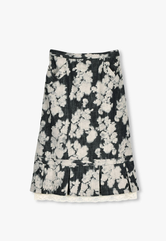ROSE ILLUSION DENIM LACE TRIMMED SKIRT