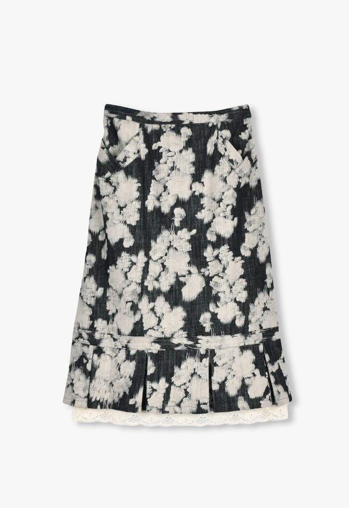 ROSE ILLUSION DENIM LACE TRIMMED SKIRT