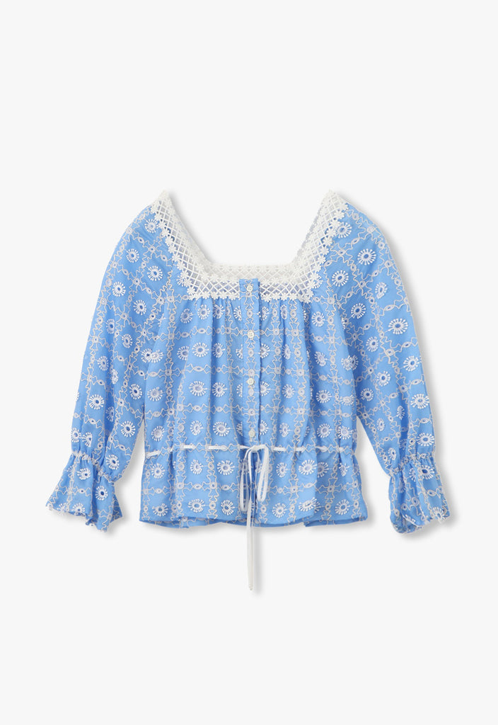 LATTICE LACE EMBROIDERY TIE BLOUSE