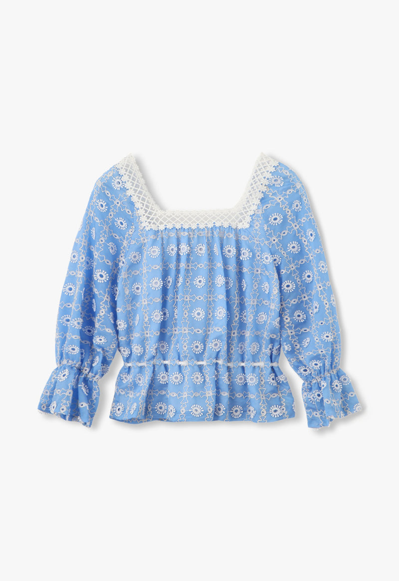 LATTICE LACE EMBROIDERY TIE BLOUSE