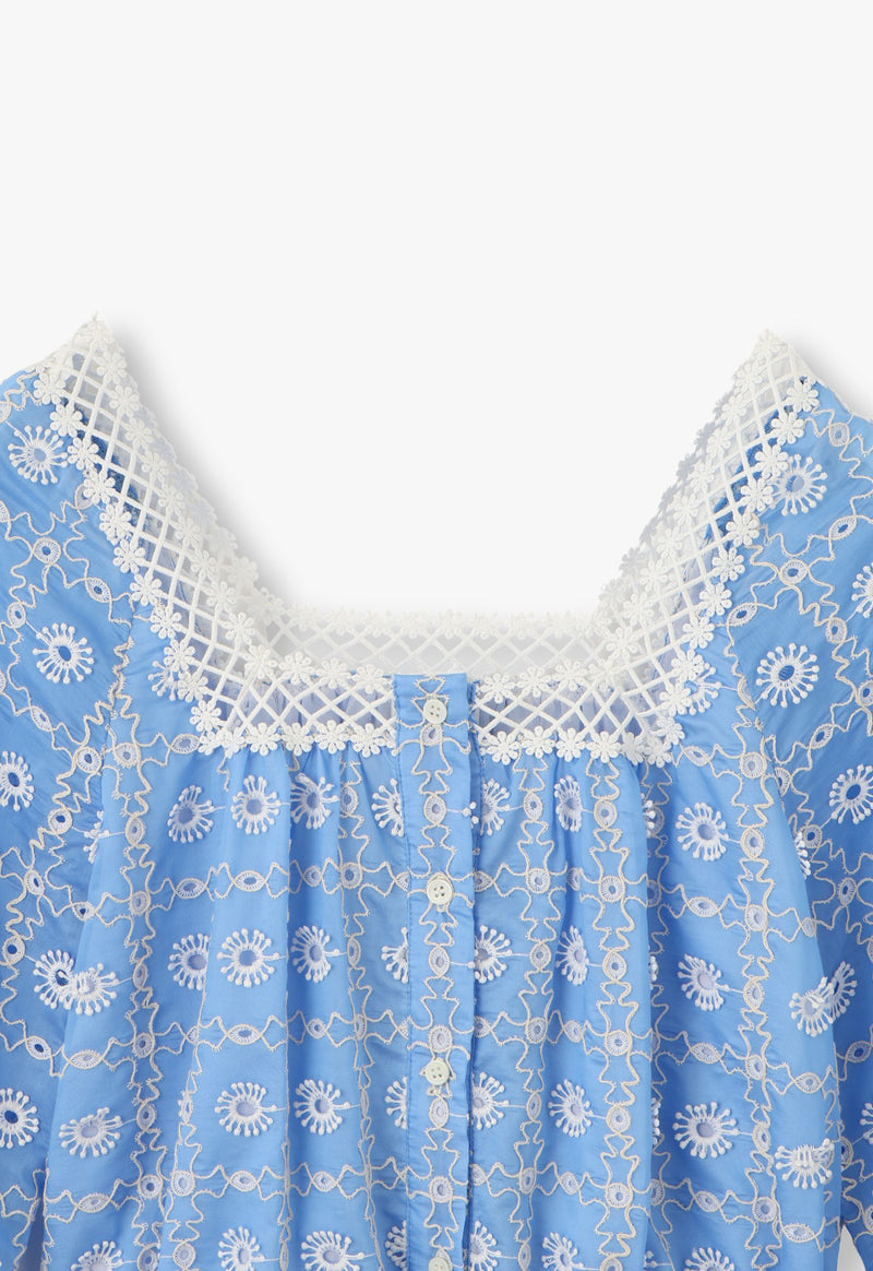LATTICE LACE EMBROIDERY TIE BLOUSE