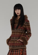 FAIR ISLE FLEECE FAUX CURLY LAMB JACKET