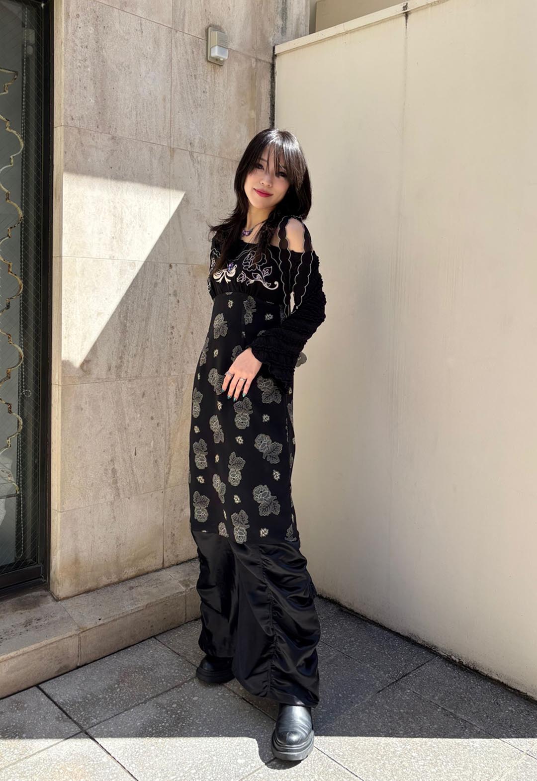 LILY OF THE VALLEY & SKETCHED ROSES CHIFFON COMBO ROSE EMBROIDERY SLIP DRESS