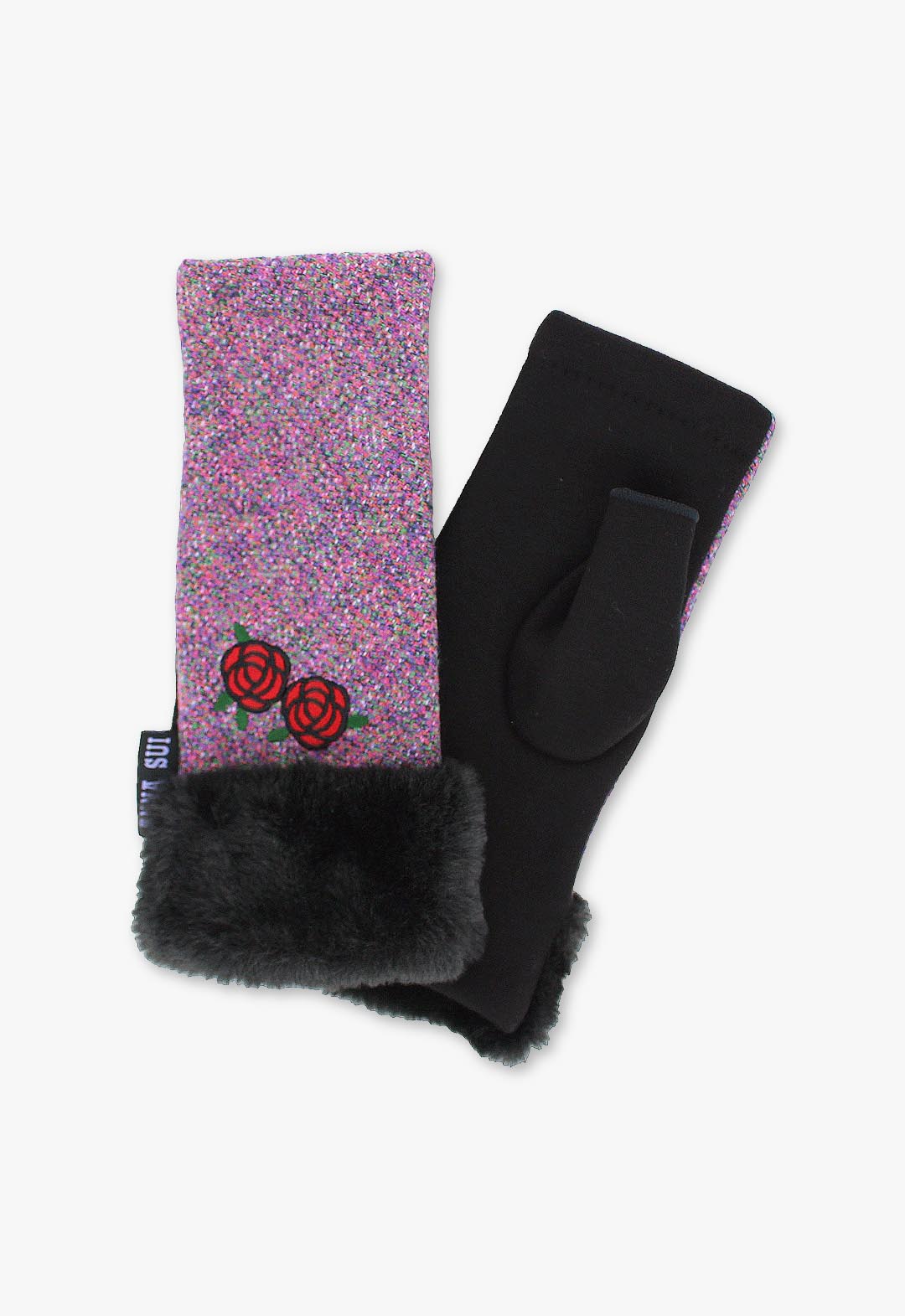 Colored tweed fingerless gloves with rose embroidery and fur trim.