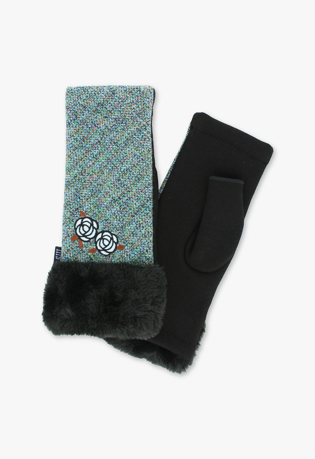 Colored tweed fingerless gloves with rose embroidery and fur trim.