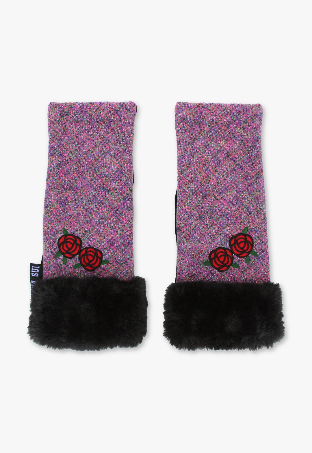 Colored tweed fingerless gloves with rose embroidery and fur trim.