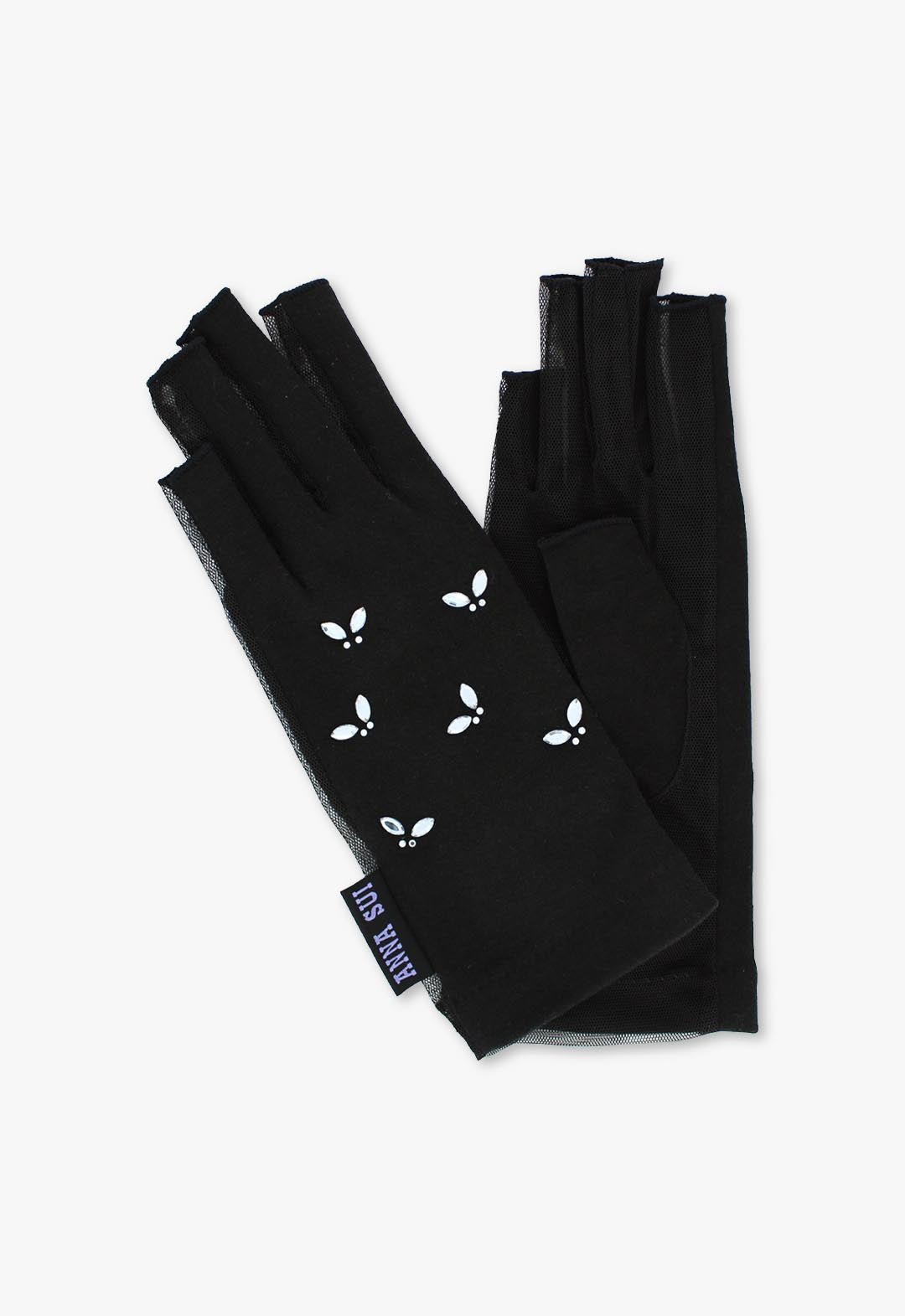 UV Protection Short Gloves with Butterfly Rhinestones and Fingerless Design