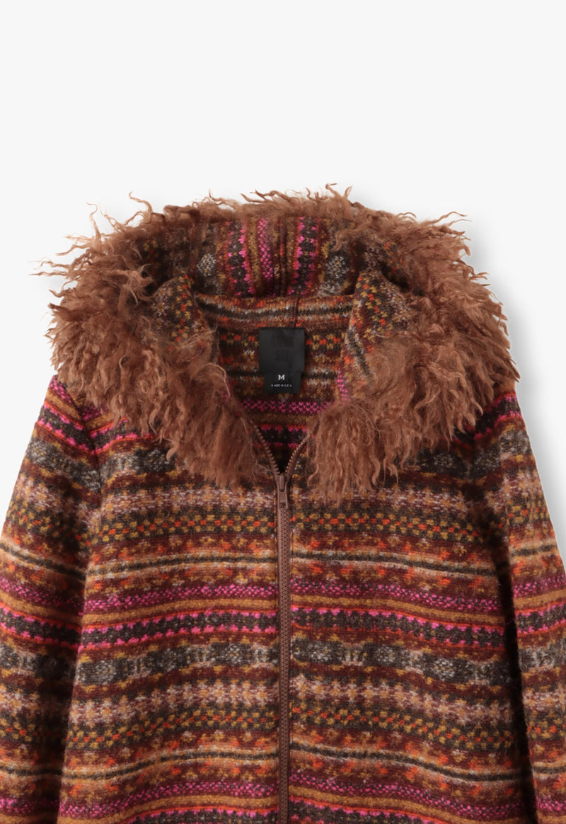 FAIR ISLE FLEECE FAUX CURLY LAMB JACKET