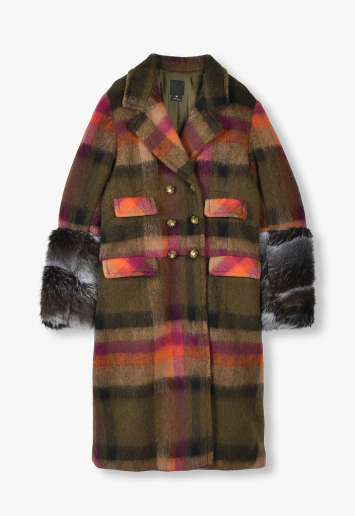 BRUSHED WOOL PLAID & CHARCOAL FAUX FUR COAT