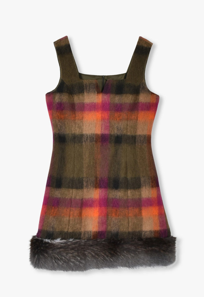 BRUSHED WOOL PLAID & CHARCOAL FAUX FUR MINI DRESS