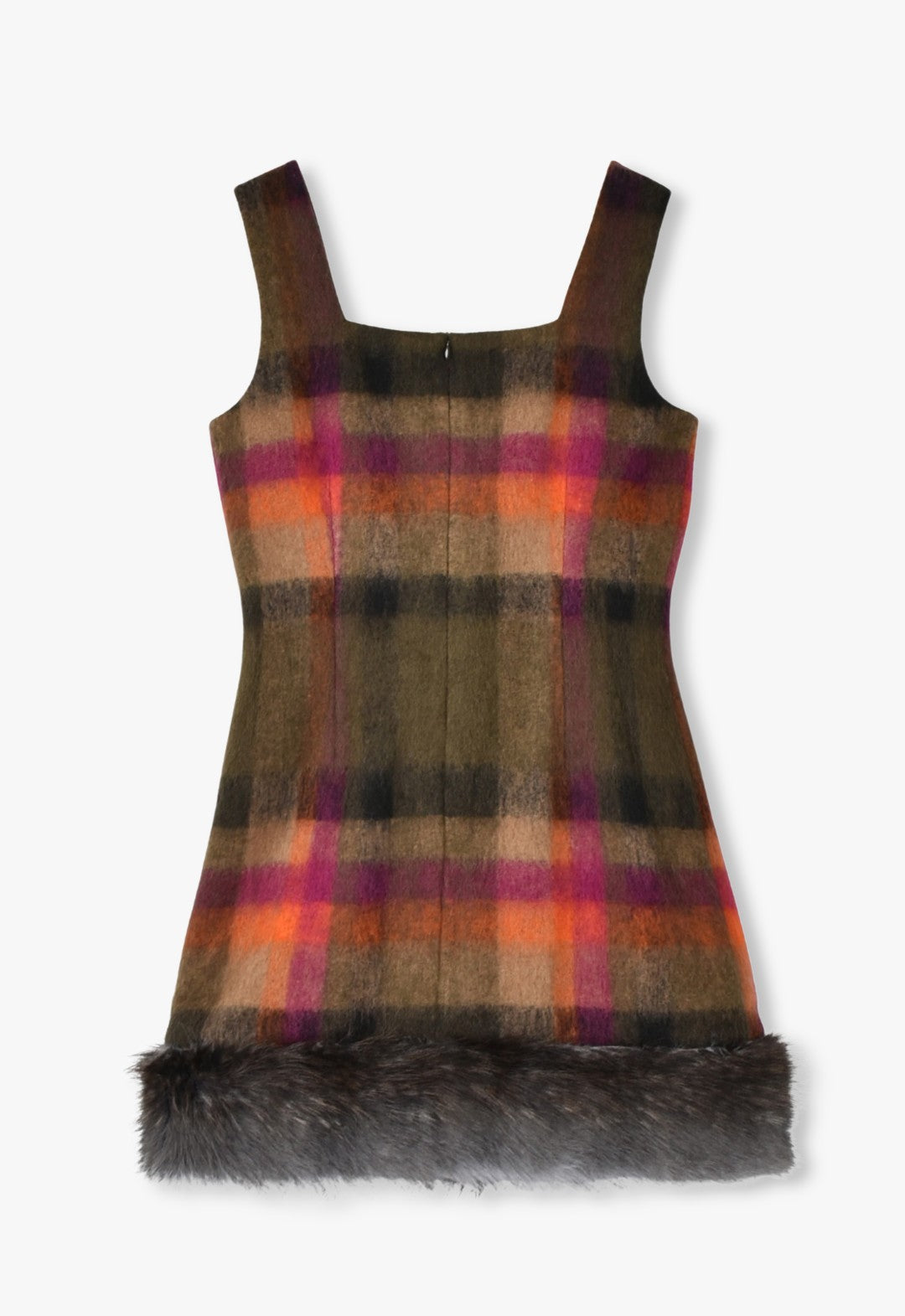 BRUSHED WOOL PLAID & CHARCOAL FAUX FUR MINI DRESS