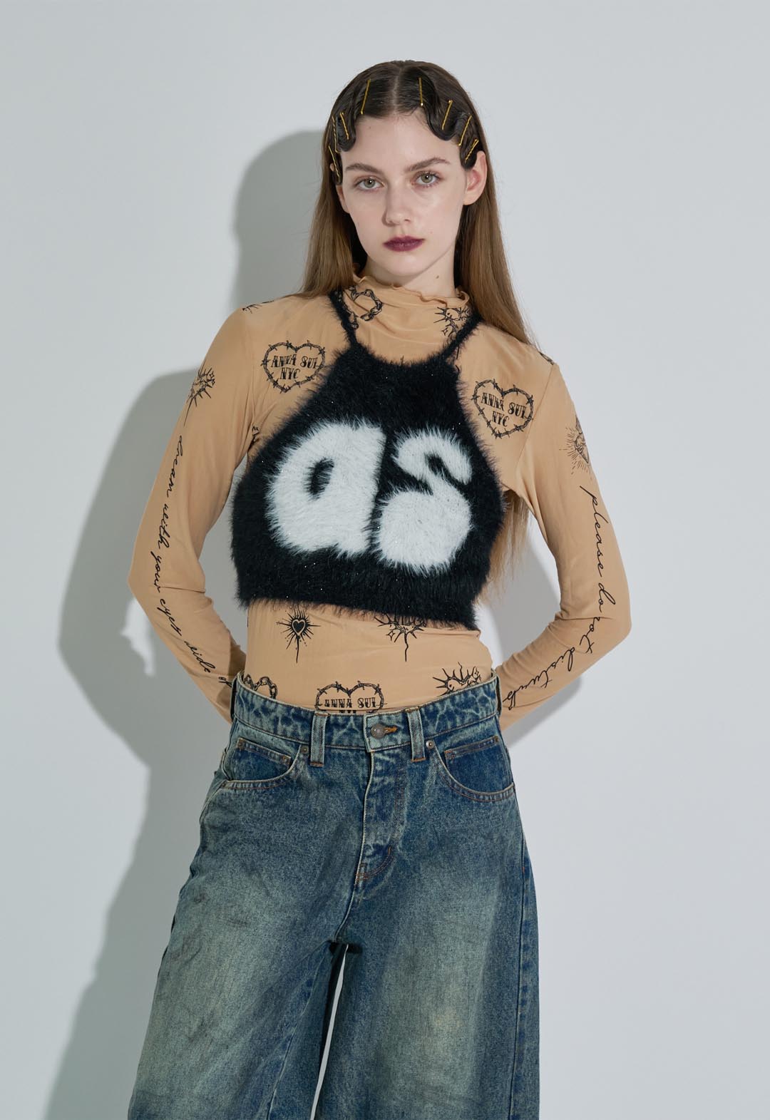 Heart print sheer top
