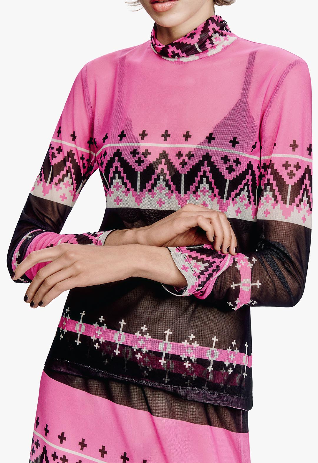 FAIR ISLE MESH TURTLENECK TOP